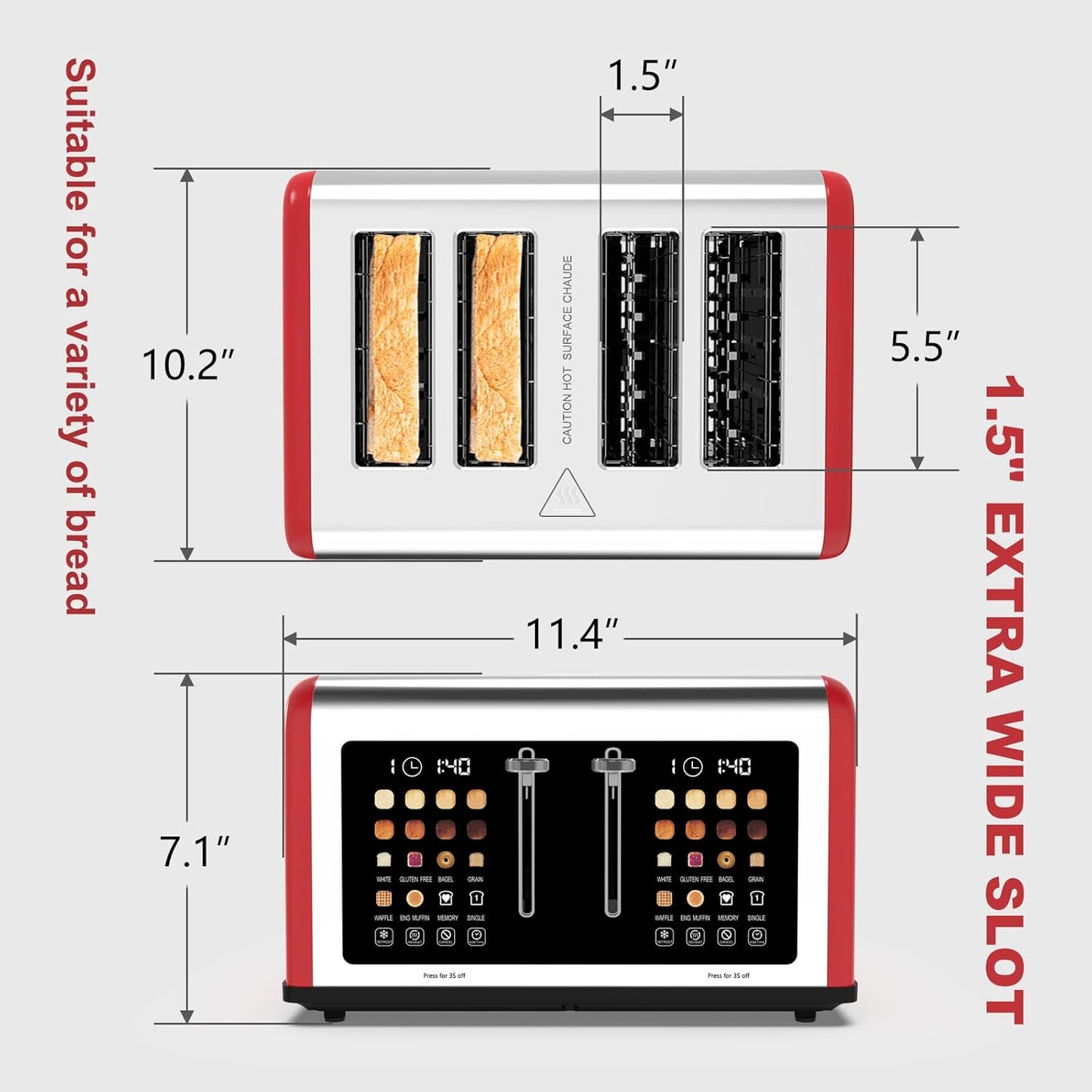 4 Slice Toaster Touch Screen, Stainless Steel Toasters Digital Timer, Dual Control Panel Toasters, 8 Shade Settings 6 Bread Types for Bagel, Cancel, Defrost 1650W Red
