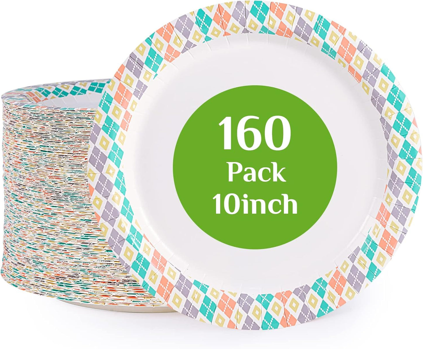 FOCUSLINE 10 Inch Paper Plates, 160 Count Disposable Paper Plates for Everyday Use, Cut-Proof & Soak-Proof Coated Dinner Plate Large, Round 10" Plate for Home, Party