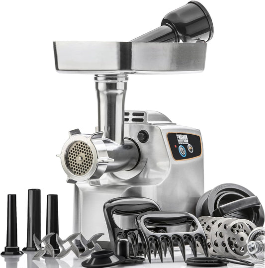 Magnum 1800W Electric Meat Grinder | Grinds Soft Bones | High-Capacity Meat Tray | 6 Grinding Plates | 3 Stainless Steel Blades | Sausage Stuffer | Kubbe Maker & More Included