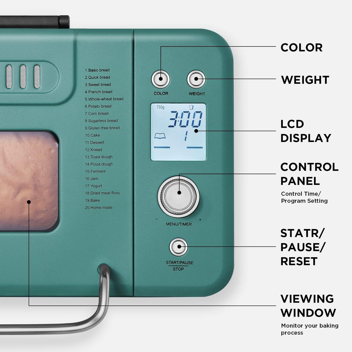 Neretva Bread Maker, 20-IN-1 2LB Bread Machine Dual Heater Bread Maker Machine Automatic with Nonstick Ceramic Pan, 15H Timer & 1H Keep Warm Set, Low Noise, Stainless Steel Breadmaker Recipe-Green
