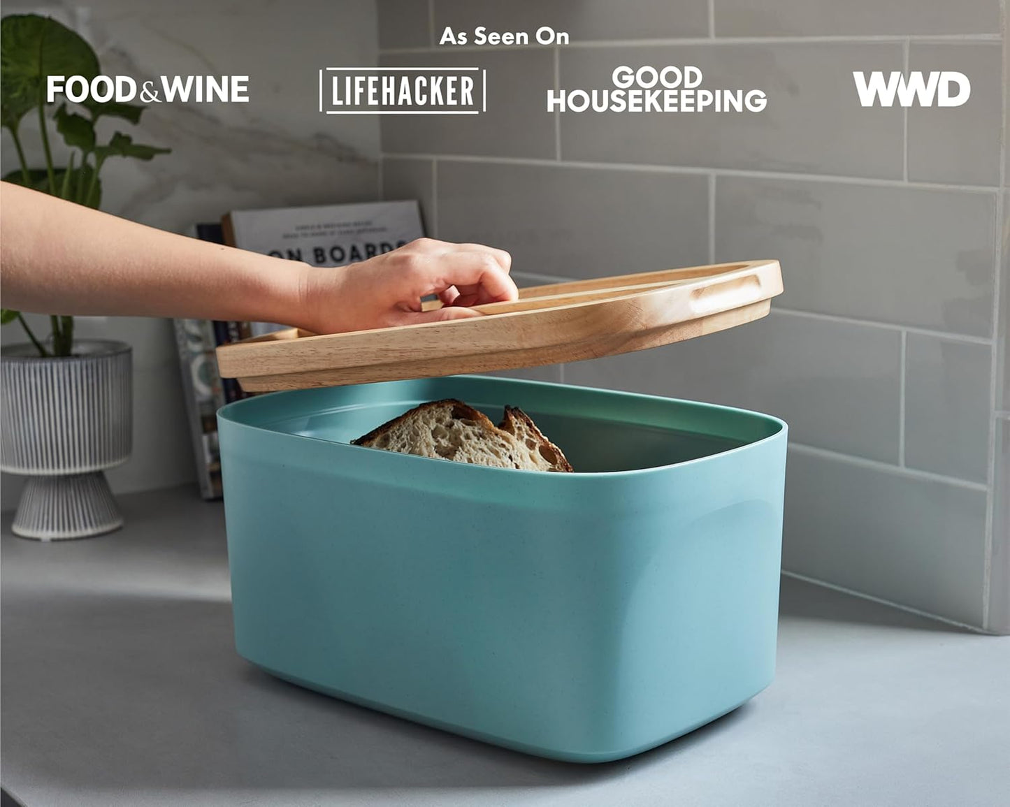Sonder Los Angeles, Modern Bamboo Fiber and Recycled Plastic Bread Box (Blue Green) for Kitchen Countertop with Reversible Bread Board Wood Lid 14.25 x 9.25 x 7 in