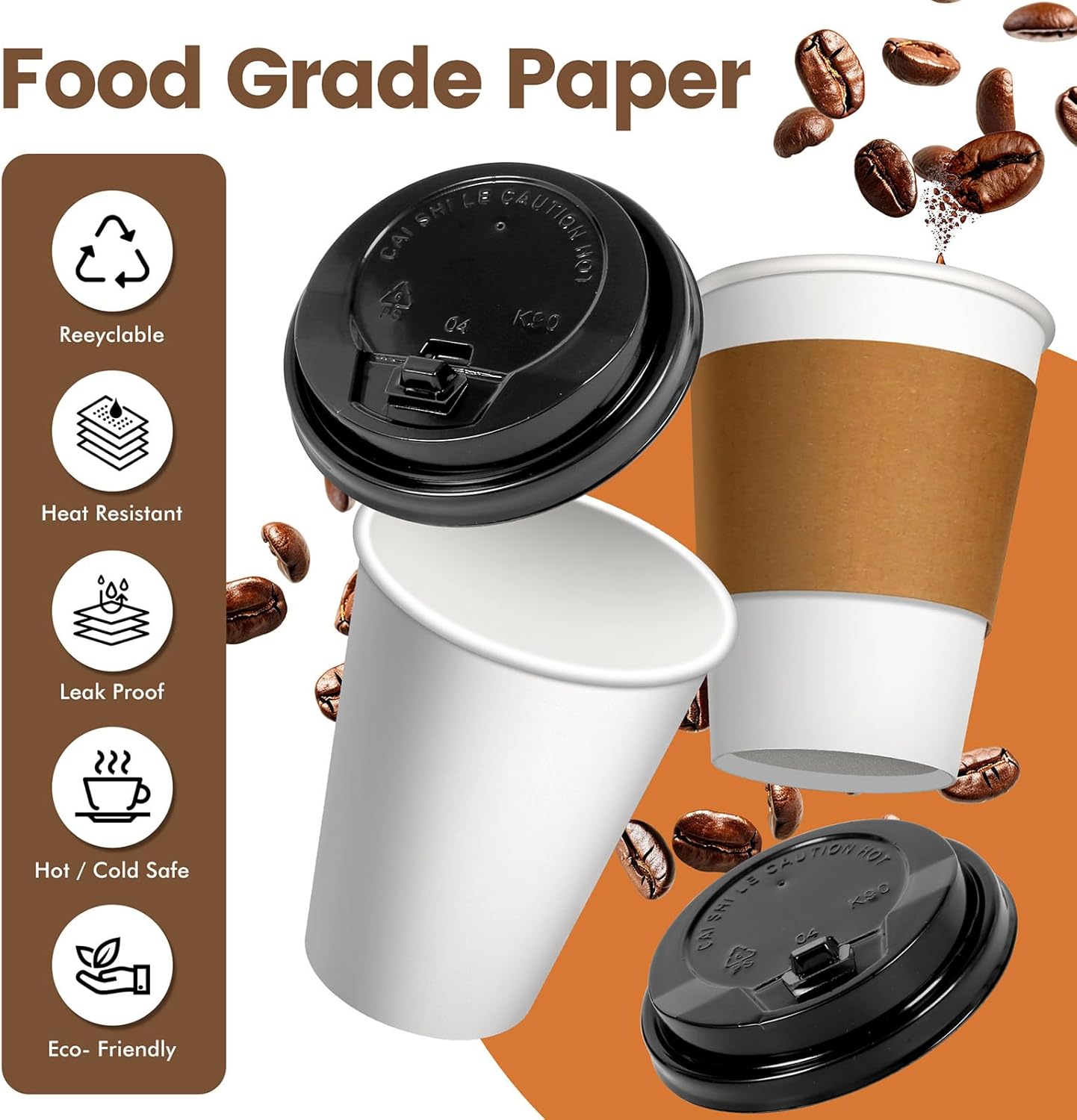 12 oz Paper Coffee Cups with Lids and Sleeves 100 Pack, Sturdy Leak-Proof Design for Hot Drinks, Disposable Coffee Cups for Office, Parties, and Travel