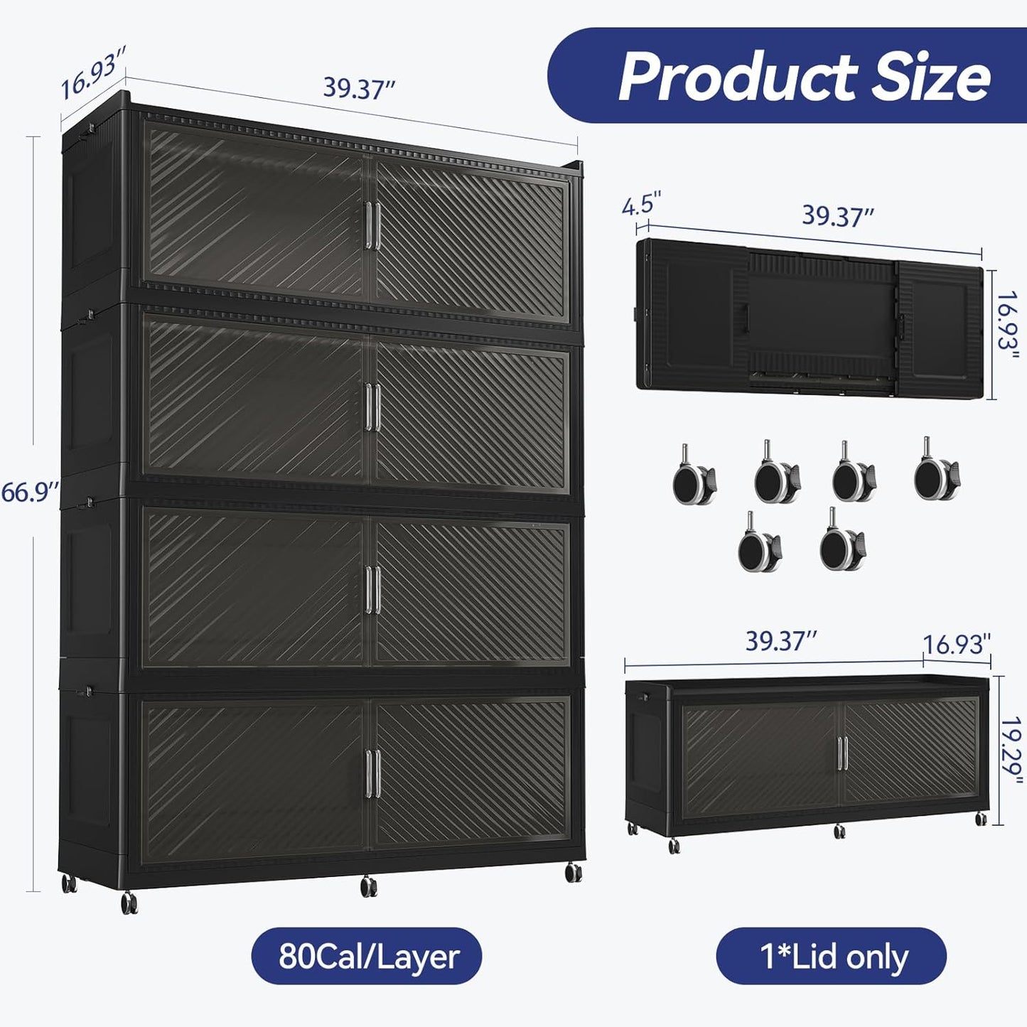 320GAL Extra Large Storage Bins with Lid, 1280QT Plastic Stackable Storage Bins with 6x Wheels, Collapsible Closet Organizer and Storage Drawer Cabinet for Living Room Office Dorm, 4Pack Black