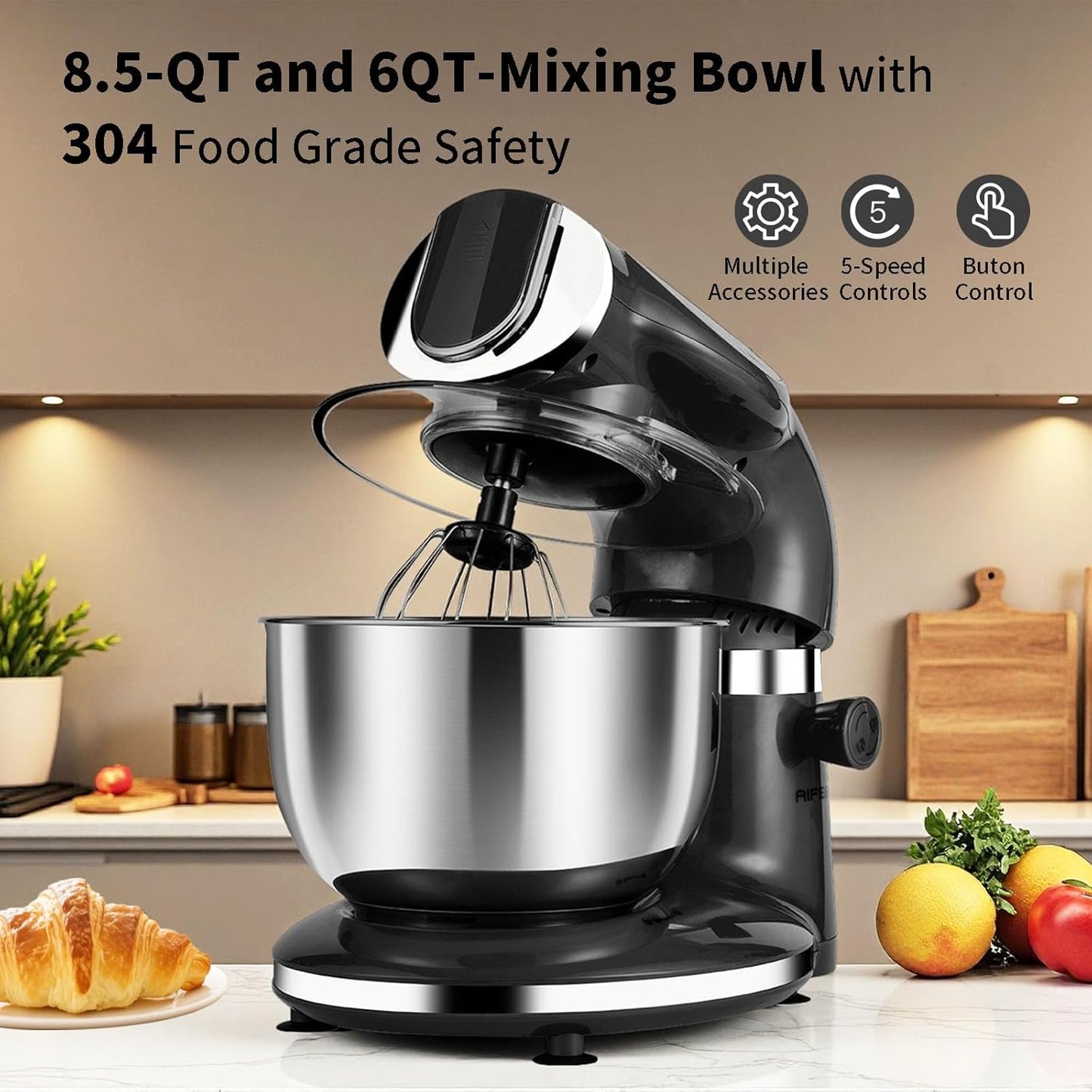 Aifeel Stand Mixer, 8.5QT+ 6QT Two Stainless Steel Bowls Electric Food Mixer, 7 in 1 Multifunctional Kitchen Mixer with Dough Hook, Whisk, Beater, Meat Grinder,Pasta & Cookie Maker-Black