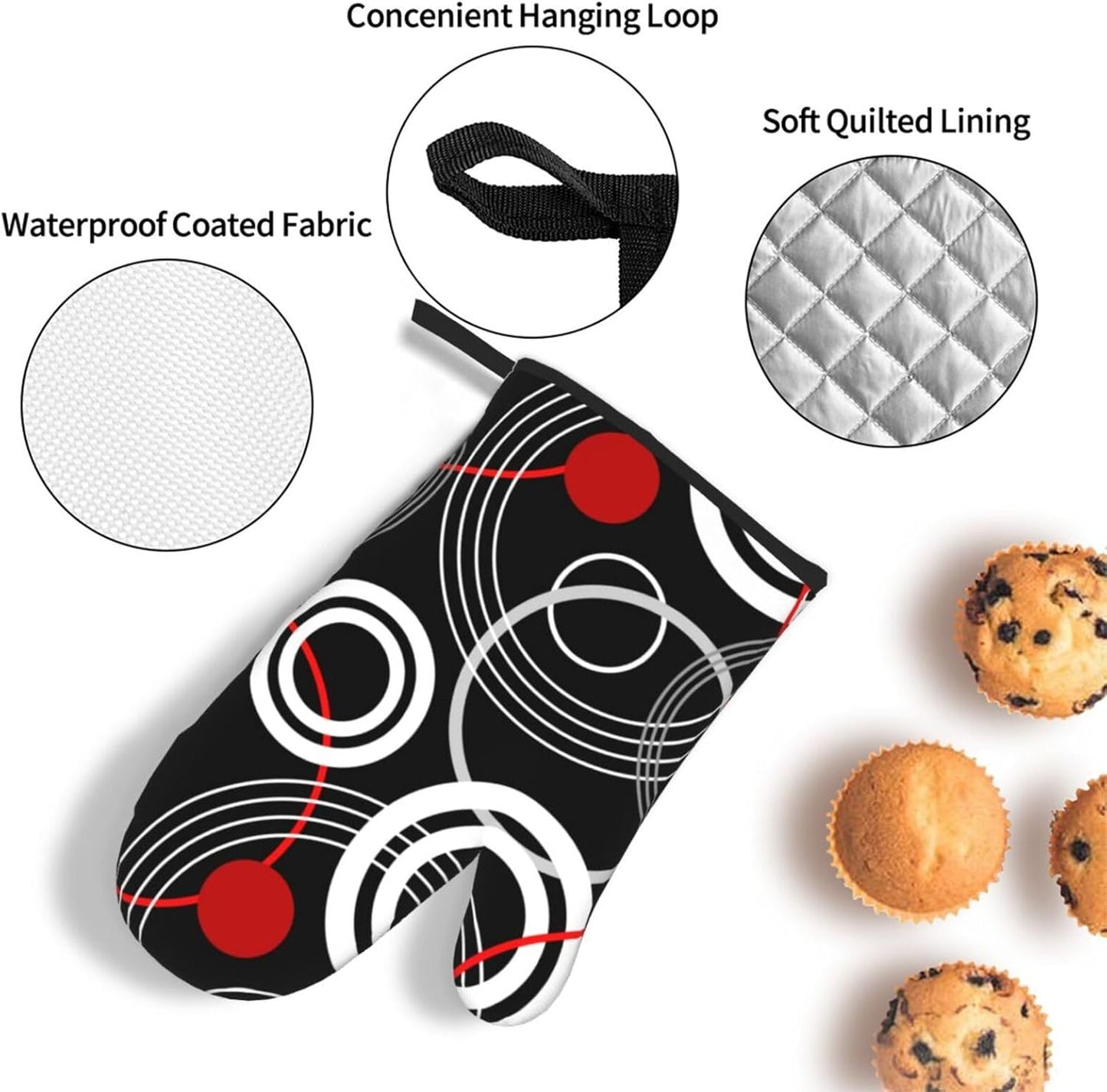 Modern Black Red Retro Oven Mitts and Pot Holders Sets of 3 Abstract Modern Hot Pads Heat Resistant Non Slip Washable for Cooking Grilling Baking BBQ Kitchen Decor