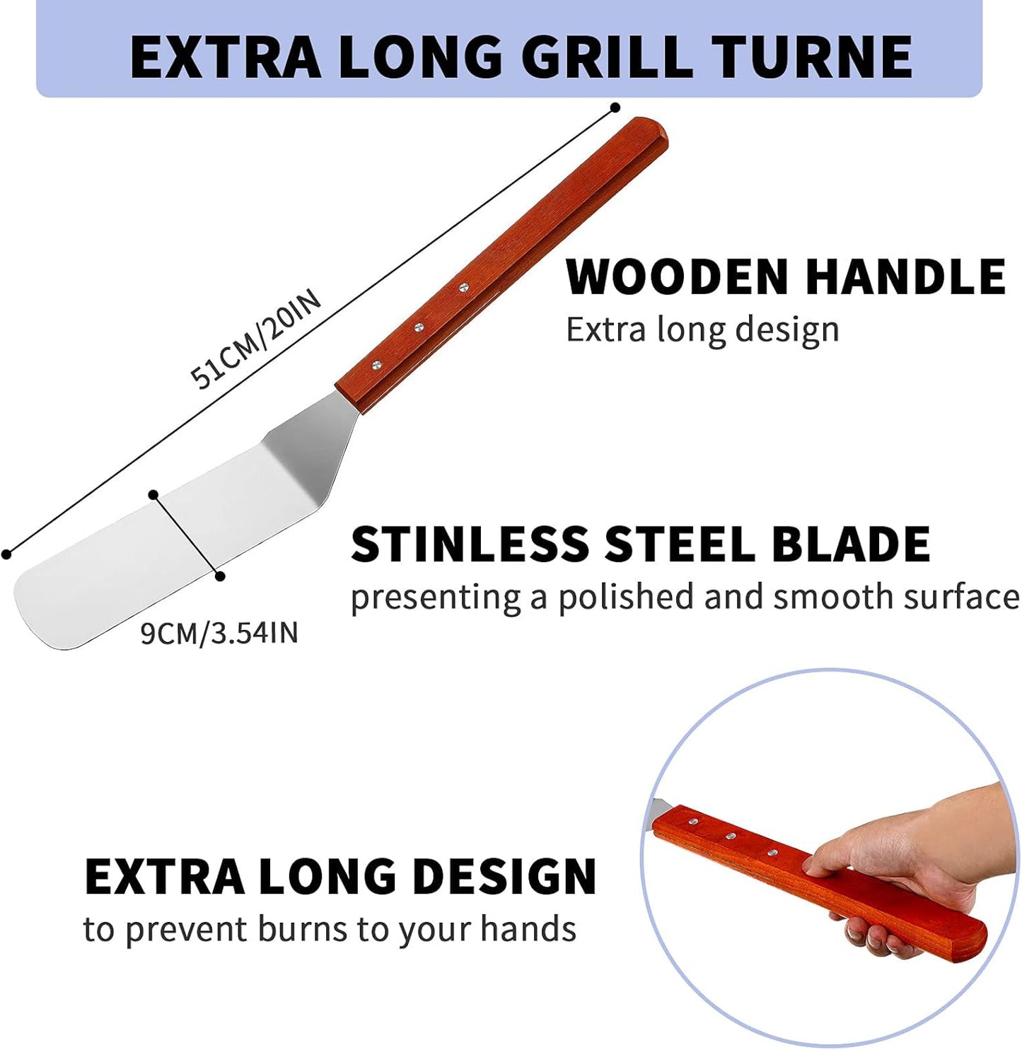 2 Pieces BBQ Extra Long Grill Turner and Grill Spatula, Stainless Steel Barbecue Grilling Accessories, Slotted Spatula and Solid Kitchen Spatula with Wooden Handle, 20 Inch