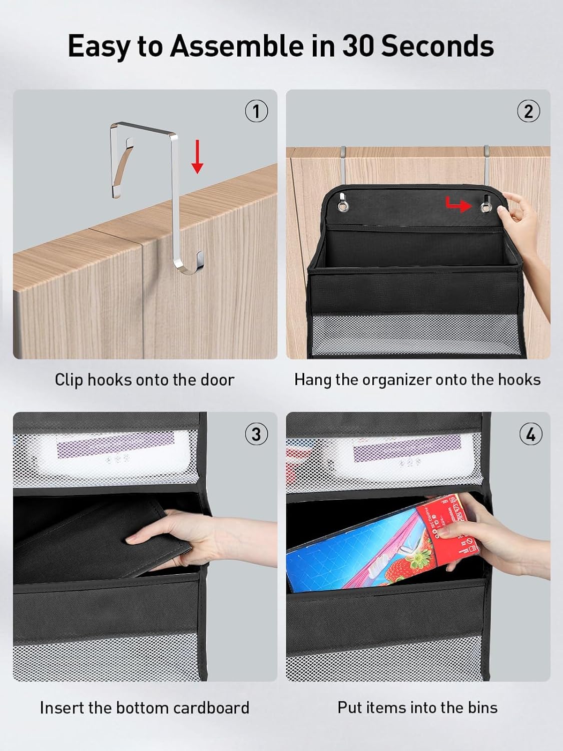 Yecaye 2 Pc Over the Door Organizer with 5 Bins 10 Side Pockets, 44lbs Load Hanging Bathroom and Bedroom Organizer, behind the Door Hanging Organizers for Nursery Newborn Baby Essential Stuff Black