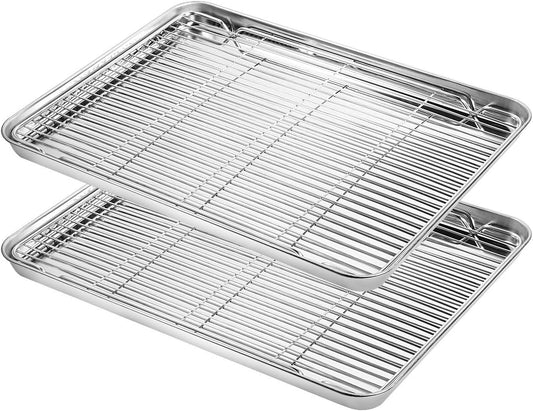 Baking Sheet with Cooling Rack Set (2 Pans + 2 Racks), Yododo Stainless Steel Baking Pan Cookie Sheet Cookie Pan with Rack, Size 16 x 12 x 1 Inch, Mirror Finish & Non Toxic & Heavy Duty & Easy Clean
