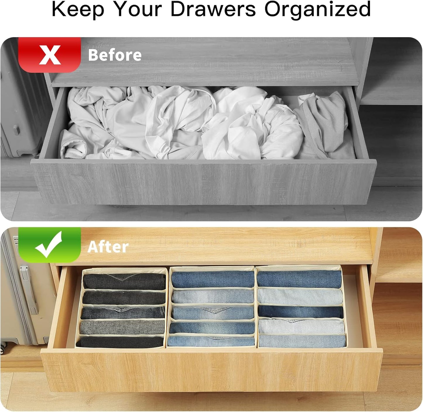 Qozary Jeans Pants Organizer for Closet, 4 Pack Drawer Organizers for Clothing, 5 Grids Wardrobe Clothes Organizer, Jean Organizer for Closet, Deep Drawer, Clothes Organizer for Shirts, Legging
