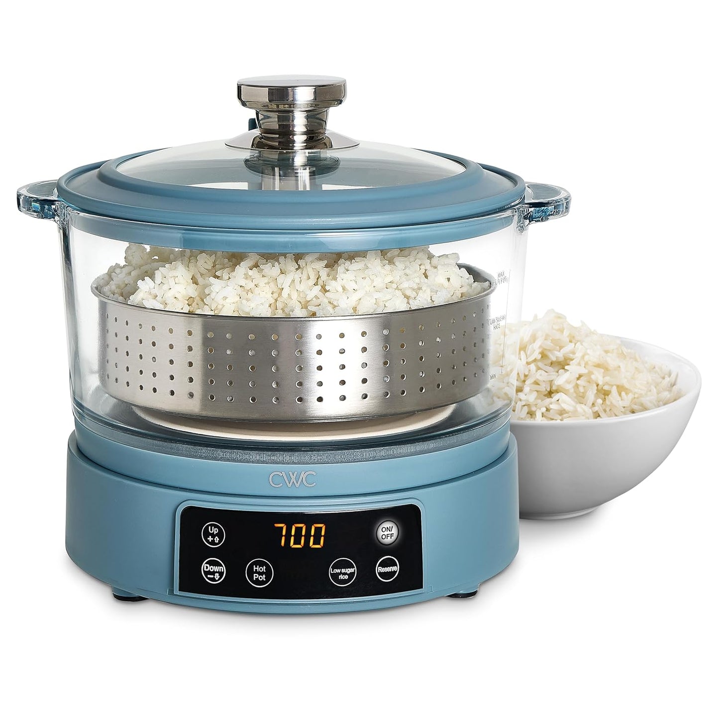COOK WITH COLOR 3L Glass Low Carb Rice Cooker - Makes 6 Cups Cooked Low Sugar Rice with Auto Lift Filter Basket, Hotpot & Steamer for Rice, Grains and Oats, Digital Panel with Keep Warm, Slate Blue