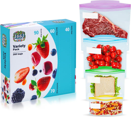 J&&J FRESH Reusable Food Storage Bags – 260 Pack Variety Pack (Snack, Sandwich, Quart, Gallon) – BPA-Free, Leakproof Zipper Bags with Expandable Bottom – Freezer Bags Safe, Kitchen & Pantry Organizer
