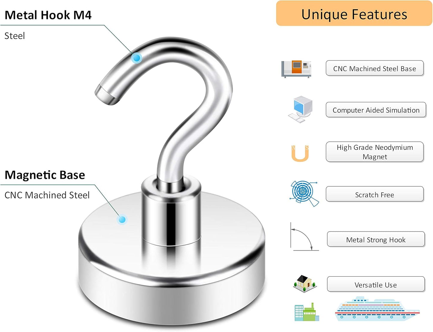 Neosmuk Magnetic Hooks, Heavy Duty Earth Magnets with Hook for Refrigerator, Extra Strong Cruise Hook for Hanging, Magnetic Hanger for Curtain, Grill(Pack of 10)