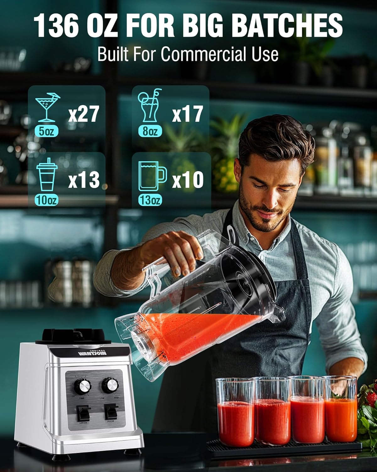 WantJoin Commercial Blender - 136 Oz Large Capacity Professional Blender Heavy Duty w/Pure Copper Motor,Dishwasher safe, 8-Blade Combo, 18800 RPM, Multi Speeds, Smoothie Blenders for Juice