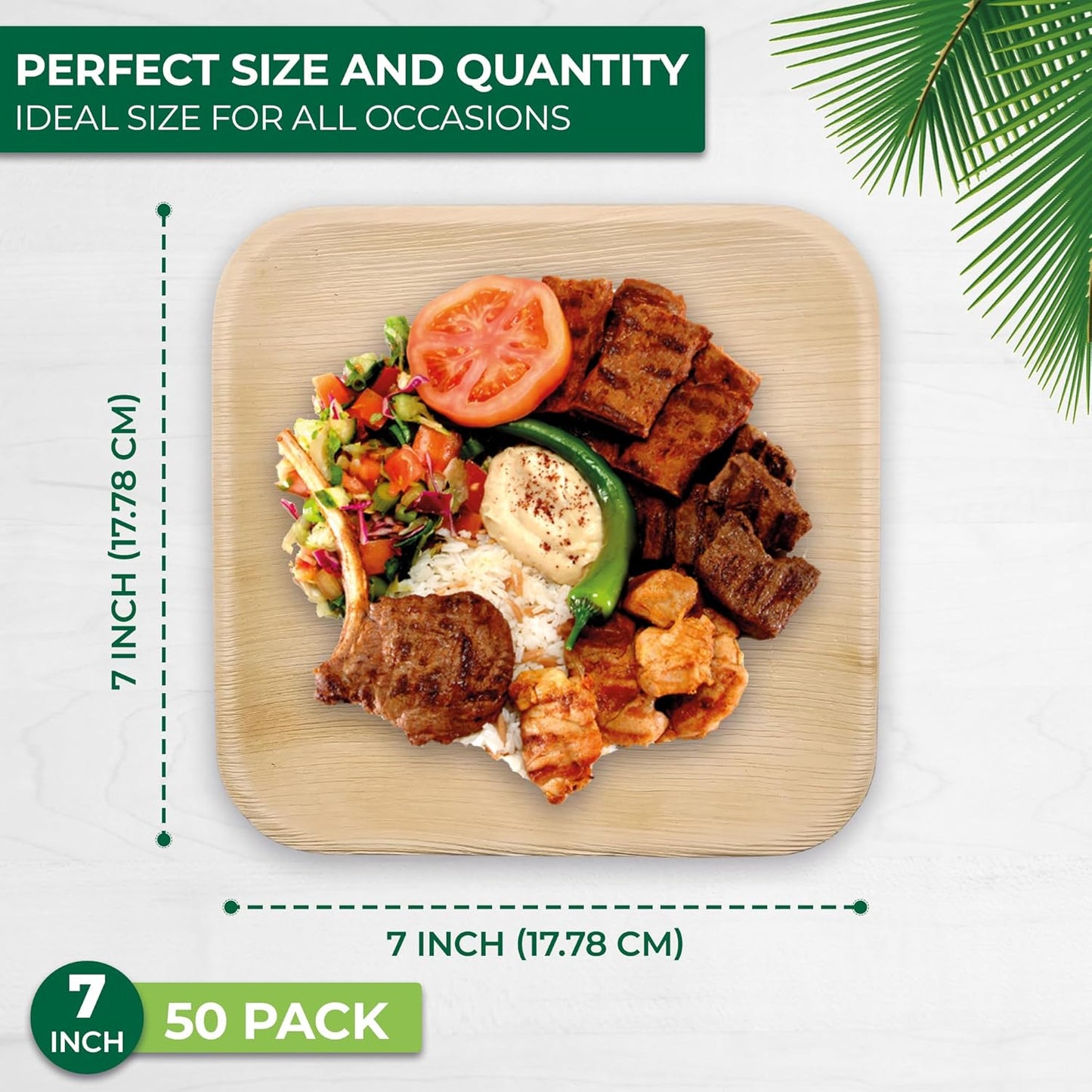 Palm Leaf Disposable Plates - Bamboo Plates Disposable 7 Inch Square (50pc) - 100% Compostable & Biodegradable Plastic-Free Plates - Heavy-Duty, Party Dinnerware Set - Microwave & Oven Safe