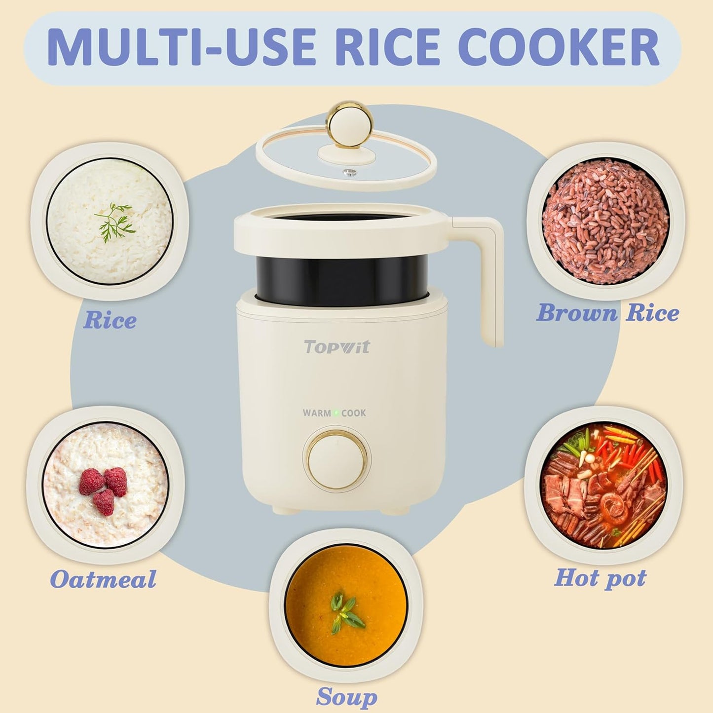 TOPWIT Rice Cooker Small, Mini Rice Cooker 2 Cups Uncooked, 1.2L Portable Rice Maker with Non-stick Coating, BPA Free, One Touch & Keep Warm Function, Beige