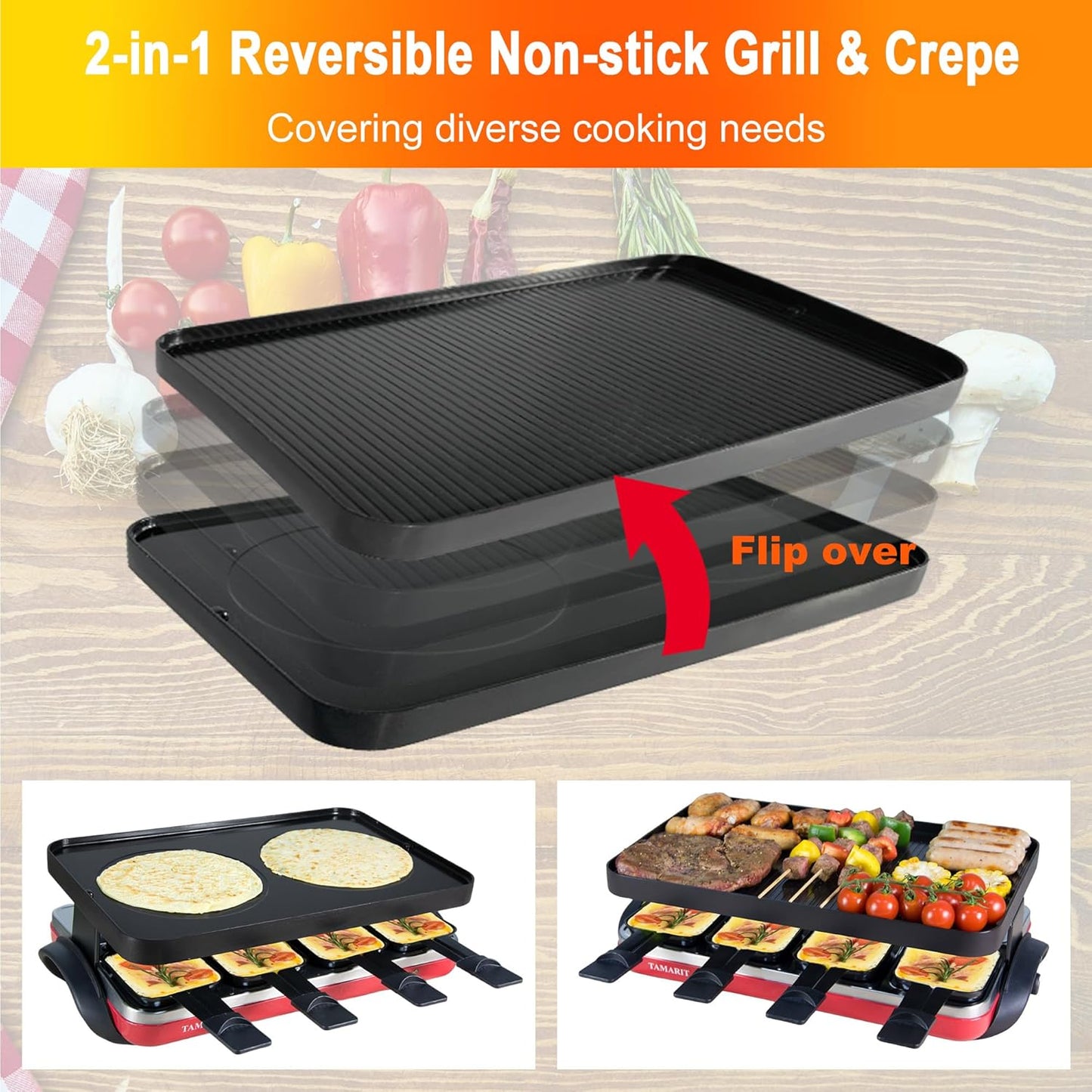 TAMARIT Classic 8 Person Raclette Grill 1500W Electric Tabletop Grill with Reversible Plate, 8 Non-Stick Raclette Trays & Spatulas Indoor Portable Korean BBQ Barbecue Grill, Party Grill Red