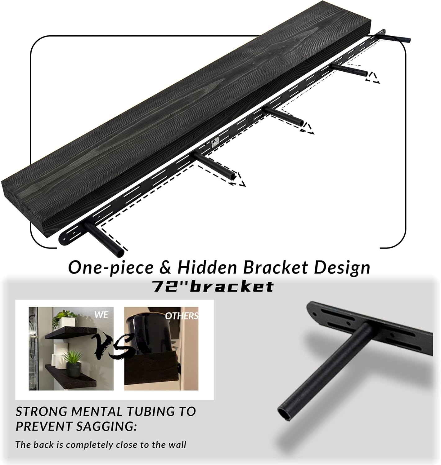 Rustic Floating Shelves 72 inch Long 8 "deep Set of 2, Heavy Duty Wood Wall Mounted Shelves for Bathroom Living Room Kitchen,Book Shelves with Thickened Hidden Bracket- Black