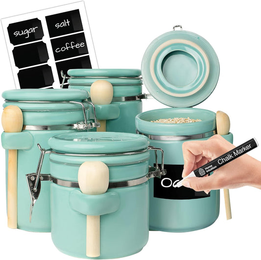 Home Intuition 4-Piece Ceramic Kitchen Canisters Set, Airtight Containers with Wooden Spoons Reusable Chalk Labels and Marker for Sugar, Coffee, Flour, Tea (Turquoise)