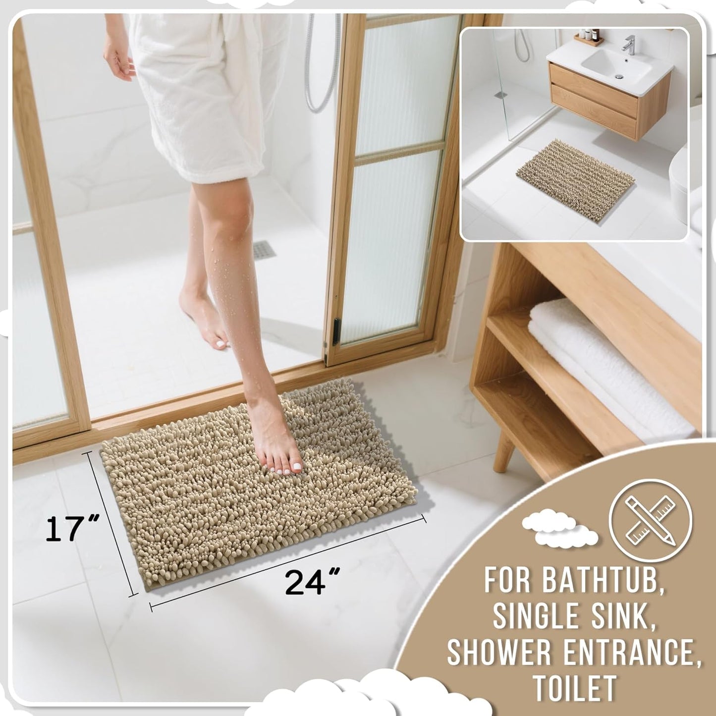 Yimobra Bathroom Rugs Non Slip Washable 24x17 Inch - Ultra Soft Absorbent Chenille Bath Mat, Quick Dry Shaggy Floor Carpet for Tub Shower, Pale Khaki Home Decor Accessories