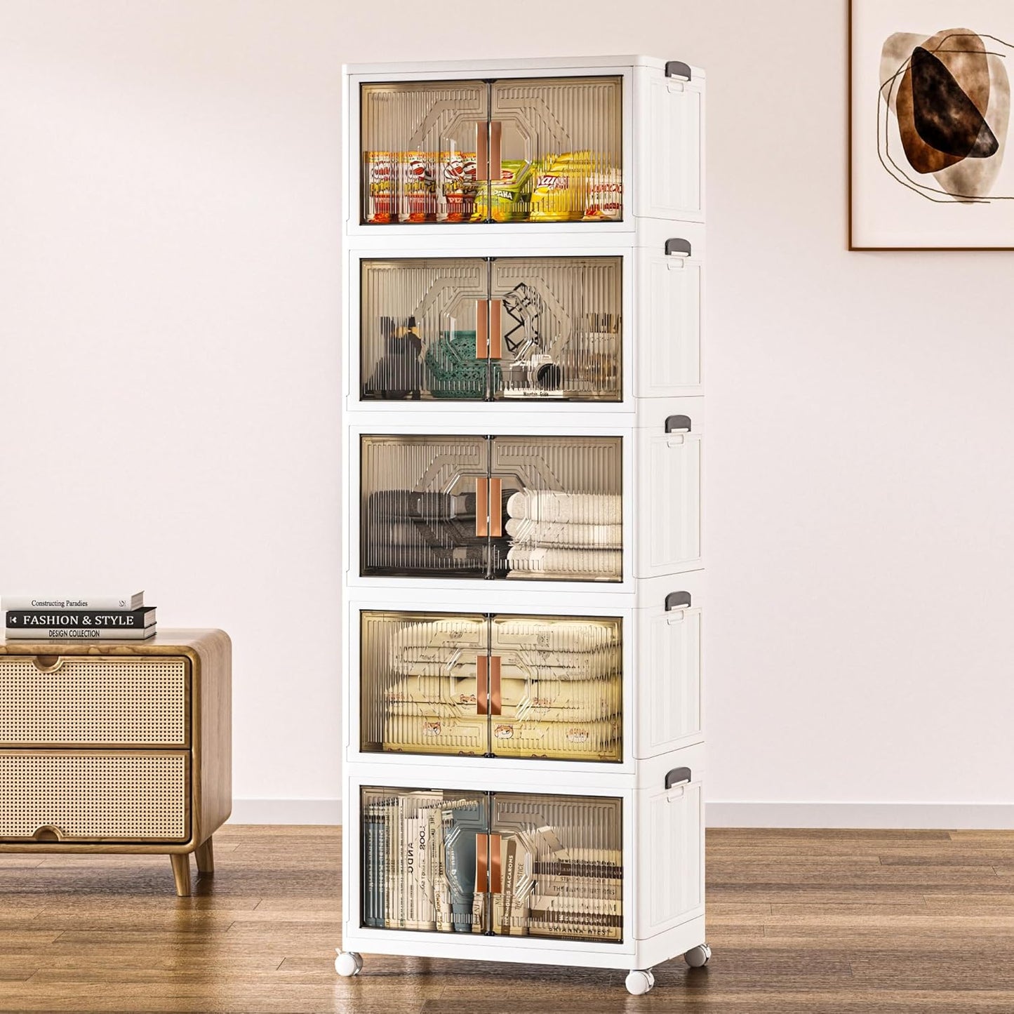 VECELO 19 Gal Stackable Storage Bins with Lid, 5 Pack Plastic Collapsible Storage Cabinet, Foldable Folding Box Organizer/Storage Container Cart with Wheel and Double Door for Home Office, White