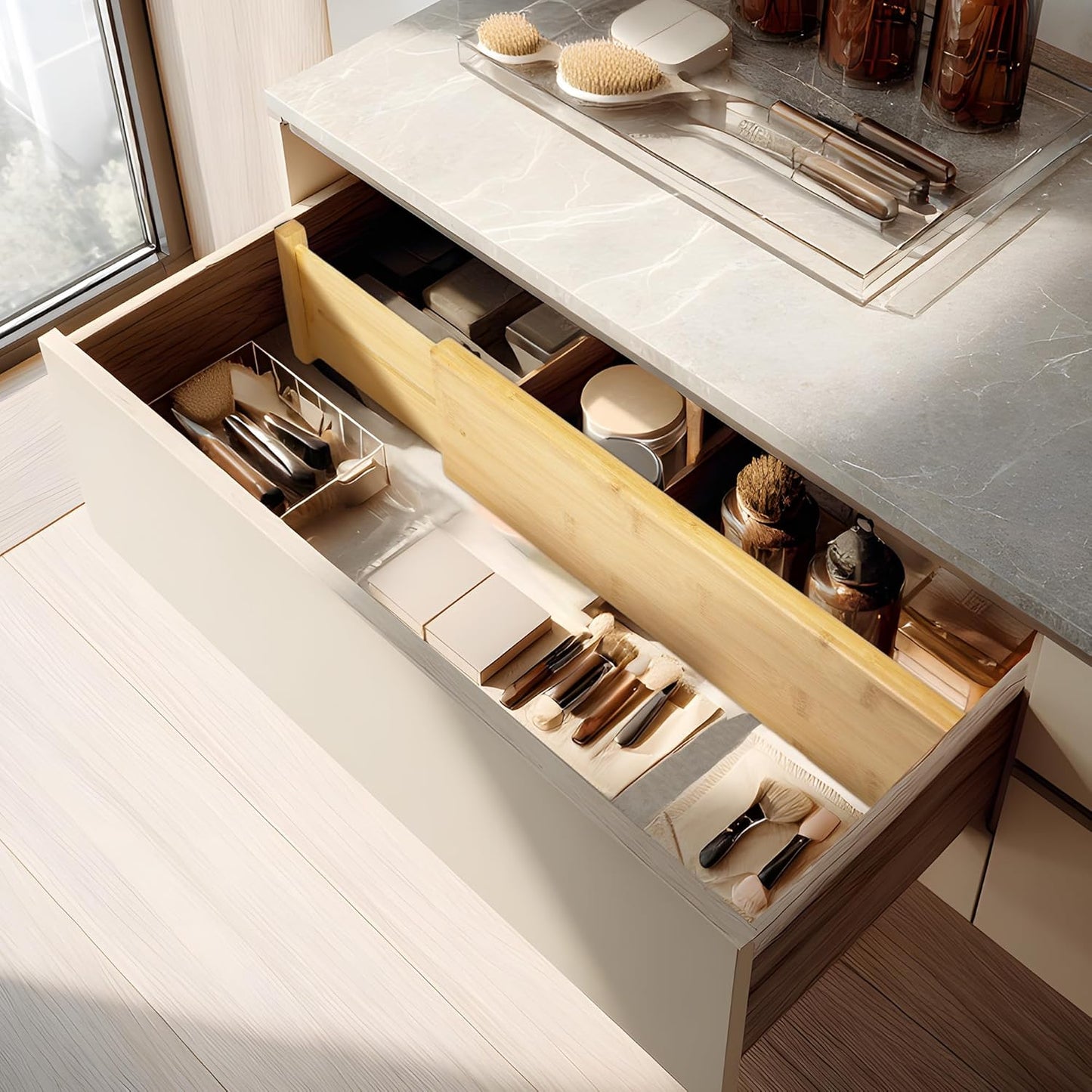 VaeFae 3 Pack Bamboo Drawer Dividers, 4" High Adjustable 16.6" - 21.8" Clothes Drawer Organizers, Expandable Separators for Bedroom/Bathroom/Kitchen/Office Storage