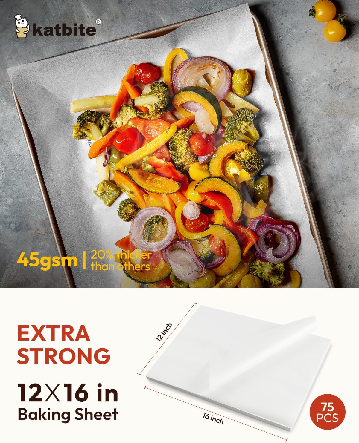 Katbite 75Pcs White Parchment Paper Sheets 12x16IN, Pre-Cut Heavy Duty Parchment Baking Paper, Non-Stick Half Sheet White Baking Parchment Paper for Air Fryer, Baking Cookie Pans[Advanced Series]