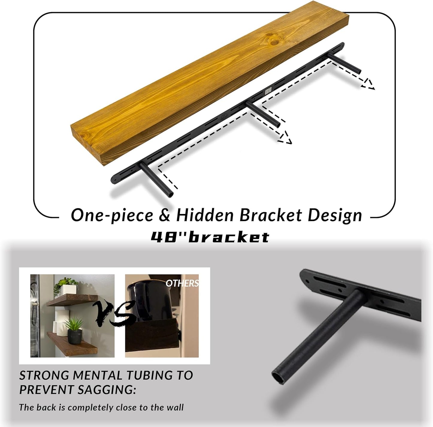 Rustic Floating Shelves 48 inch Long 8 inch deep Set of 2, Solid Wood Wall Shelves for Bedroom Living Room Kitchen,Book Shelf for Wall, Wall Mounted Shelves with Hidden Bracket- Gold Oak