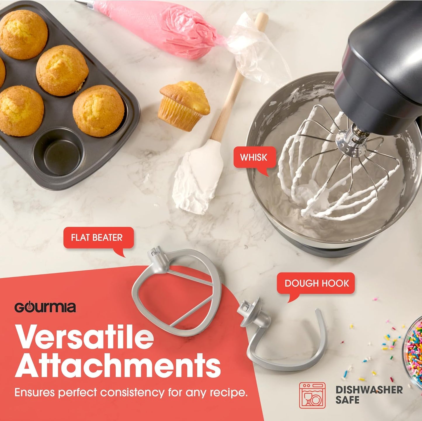 Gourmia 5 Quart 10-Speed Electric Stand Mixer with Bowl + Shield, Dough Hook, Whisk and Beater - Household Kitchen Standing Dough Maker Machine