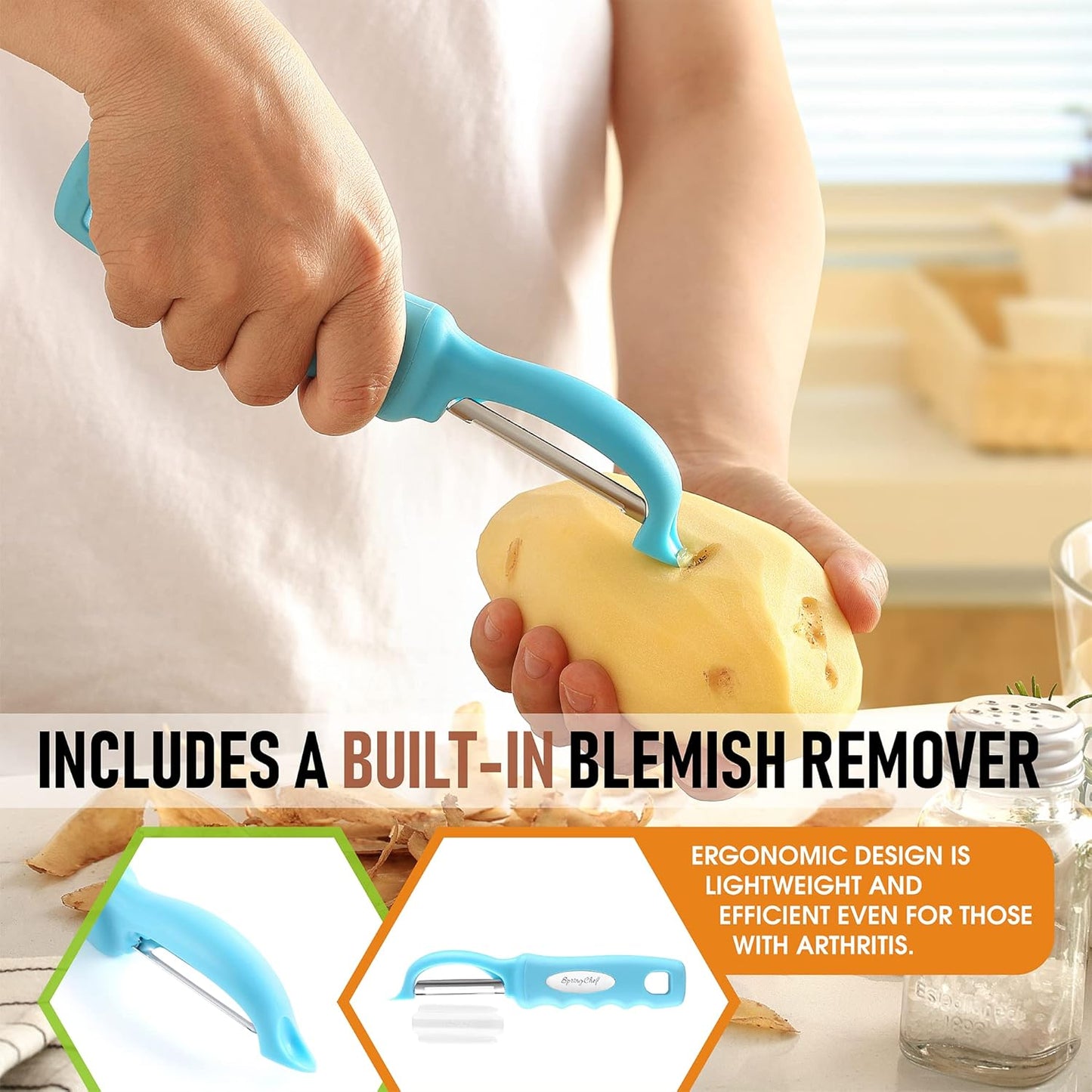 Spring Chef Premium Swivel Vegetable Peeler, Soft Grip Handle and Ultra Sharp Stainless Steel Blades - Perfect Kitchen Peeler For Veggie, Fruit, Potato, Carrot, Apple - Aqua Sky