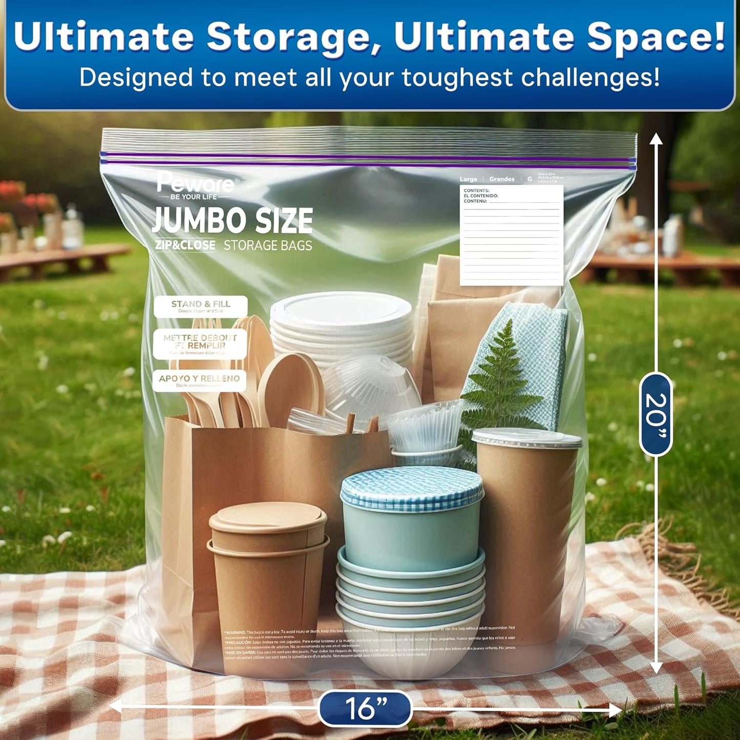 Large Storage Bags, 16"x20" Jumbo Plastic Bag, BPA Free, 3.5 Gallon XL Zipper Lock Baggies for Clothes Pillow Travel Moving - 15 Roomy Bags