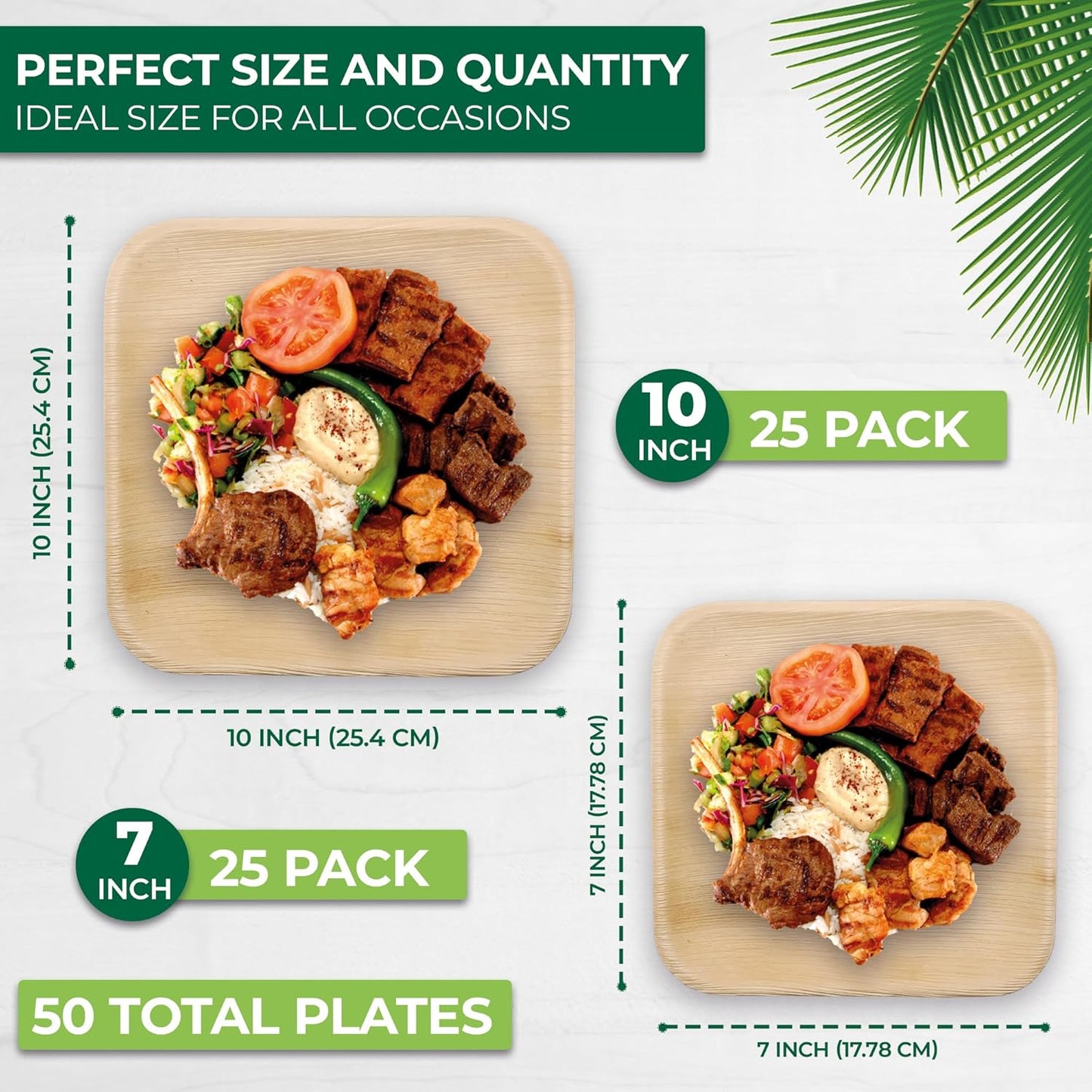 Palm Leaf Disposable Plates - Bamboo Plates Disposable 7" &10" Inch Square (25pc 7" & 25pc 10") - 100% Compostable & Biodegradable Plates - Heavy-Duty, Party Dinnerware Set - Microwave & Oven