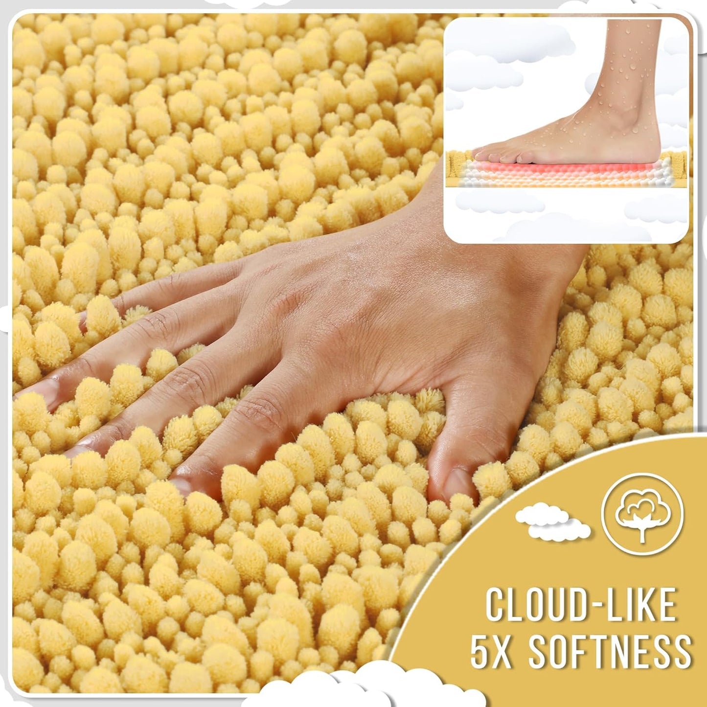 Yimobra Bathroom Rugs Non Slip Washable 32x20 Inch - Ultra Soft Absorbent Chenille Bath Mat, Quick Dry Shaggy Floor Carpet for Tub Shower, Yellow Home Decor Accessories