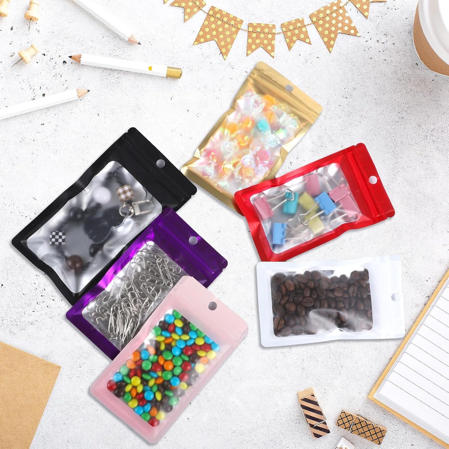 200 Pack Resealable Mylar Holographic Bags Food Storage Smell Proof Bags with Front Window Foil Packaging Pouch for Candy Sample Jewelry Small Business 4.72×7.87 Inch, White