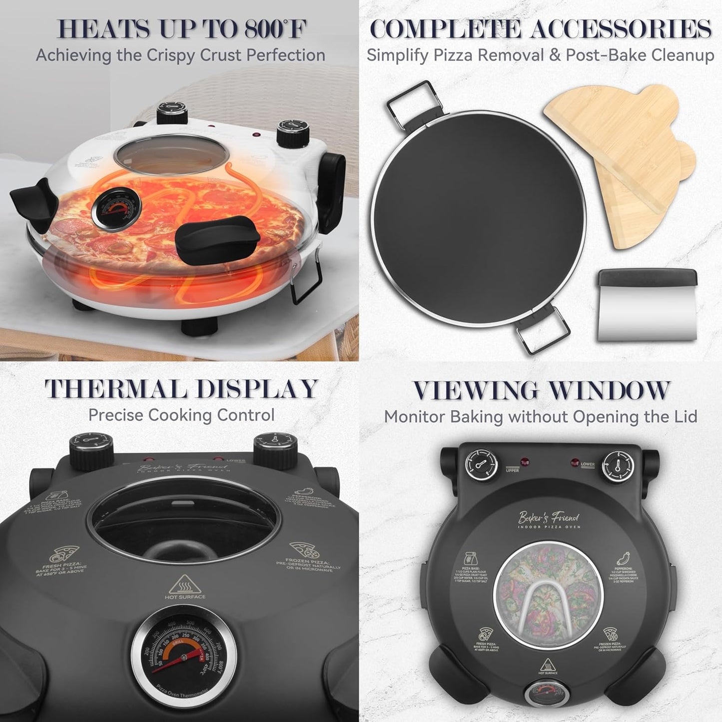 Baker’s Friend Electric Pizza Oven Indoor Countertop, 12 Inch Pizza Maker Machine for Home, Pizza Cooker & Pizza Grill, Premium Glazed Ceramic Stone Pizza Oven, Graphite Gray