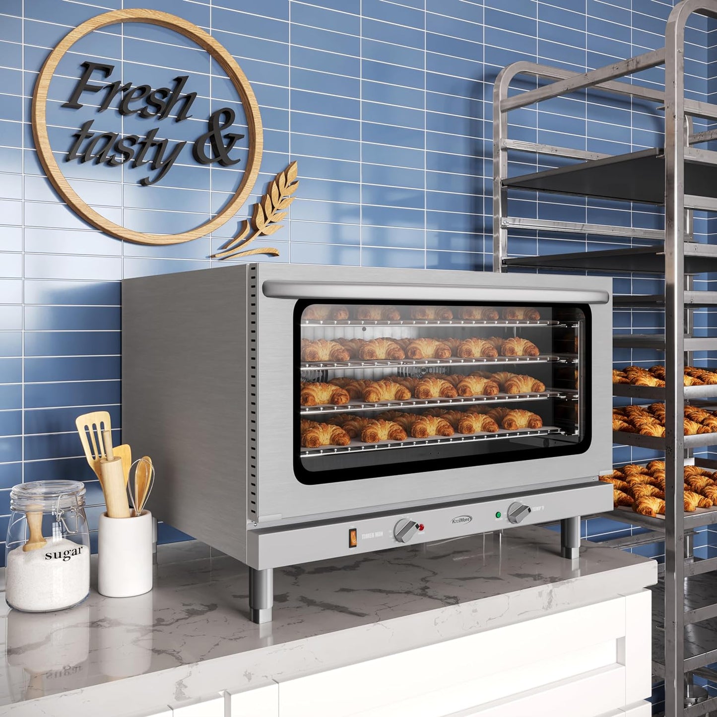 KoolMore 32 in. Commercial Countertop Convection Oven, Holds Full Size Pans, 4 Racks and 3500W of Power, 240V in Stainless-Steel, ETL Listed for Safety and Sanitation (KM-CTCO-44)