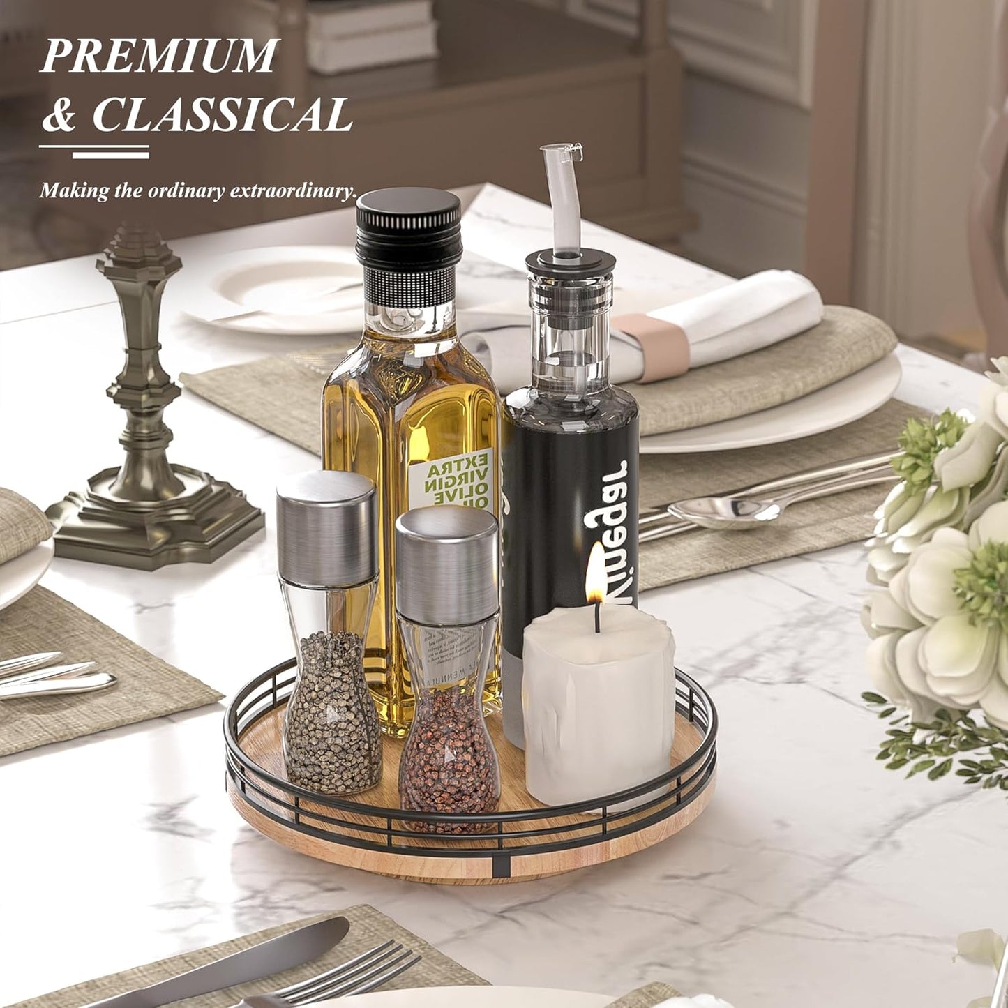 9" Oak Wood Lazy Susan Turntable Organizer for Cabinet, Round Wooden Farmhouse Lazy Susan Organization and Storage for Dining Table, Pantry, Kitchen, Countertop, Cupboard,Home Decor