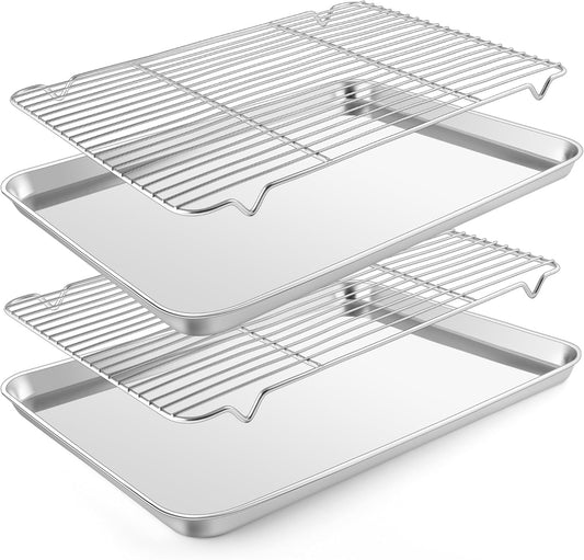 E-far Baking Sheet with Wire Rack (2 Pans + 2 Racks), Large Stainless Steel Cookie Sheets Pan & Cooling Rack for Baking Cookies Cake, Non Toxic & Heavy Duty, Oven & Dishwasher Safe, 18 x 13 x 1 Inch