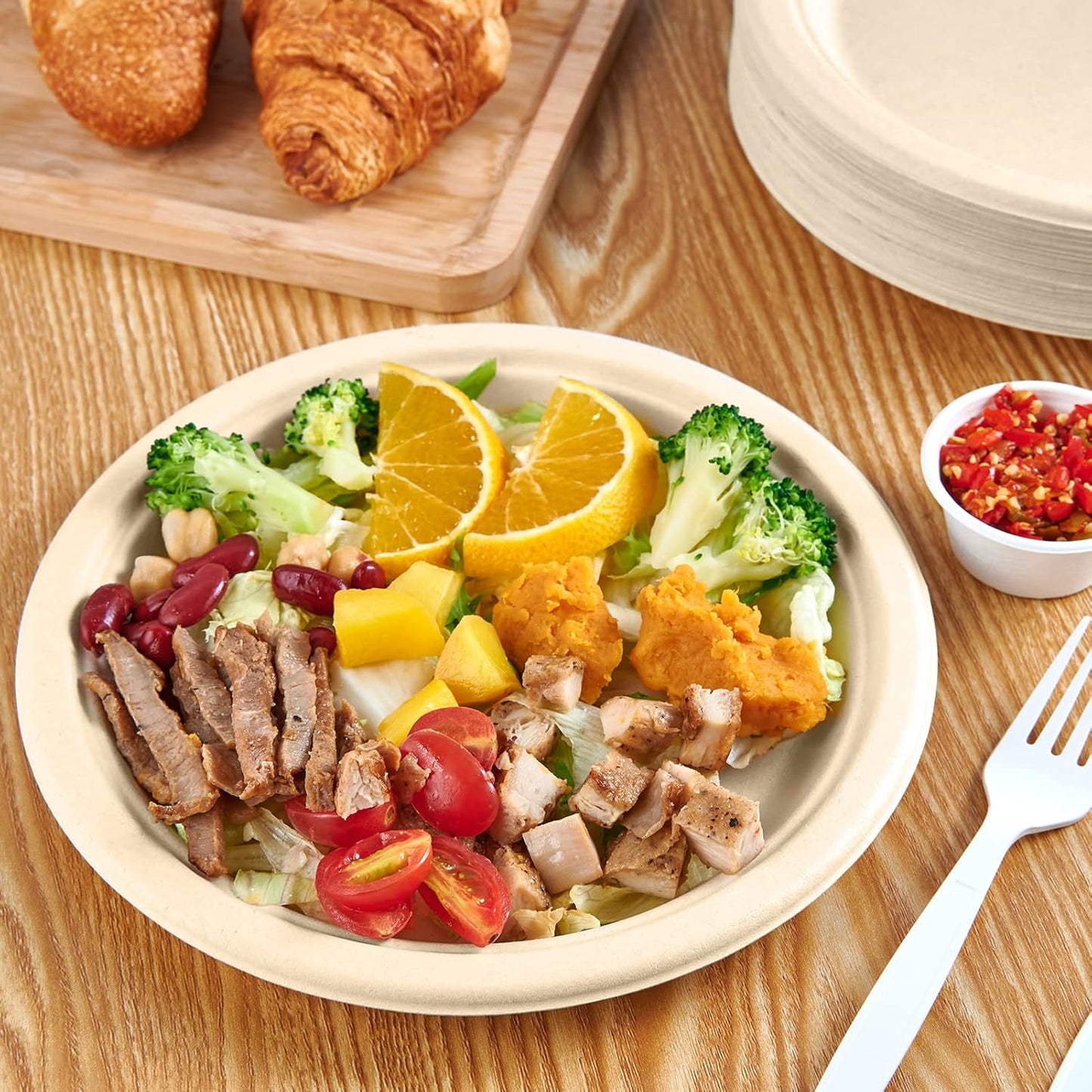 Vplus 150 Pack Paper Plates 9 inch 100% Compostable, Heavy-Duty Disposable Paper Plates Bagasse Natural Biodegradable Eco-Friendly Sugarcane