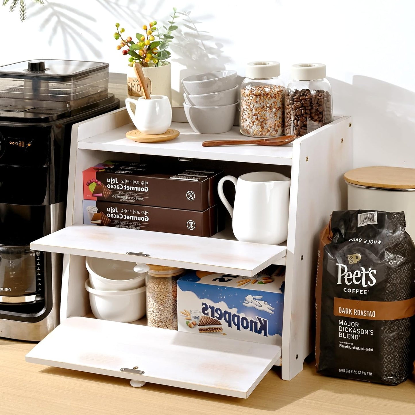 Ollieroo Vintage Double Layer Bread Box for Kitchen Countertop, Bamboo Bread Storage Container, Breadbox for Homemade Bread, Large Capacity Bread Bin(White)