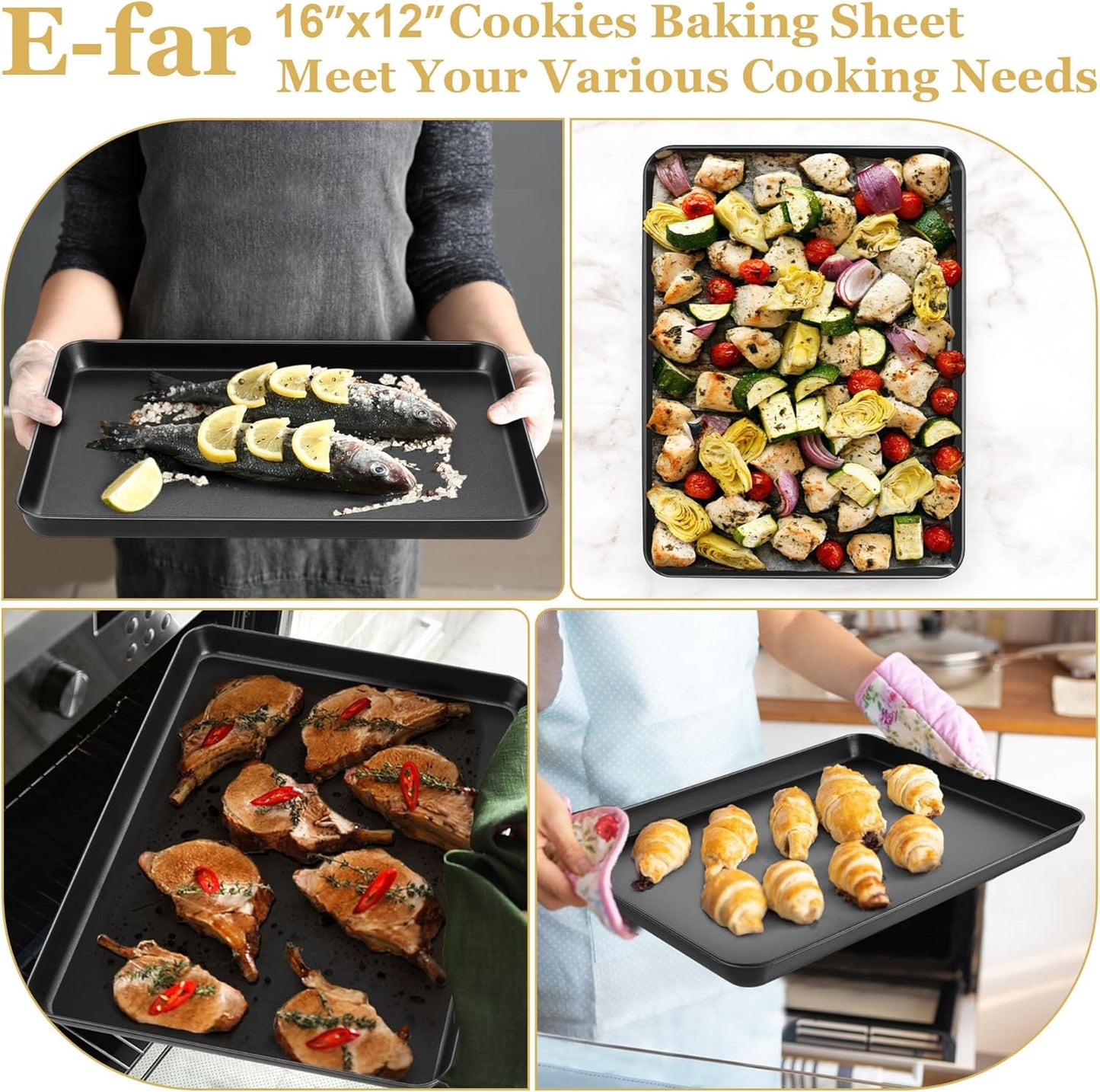 E-far 16x12 Inch Baking Sheet, Non-stick Cookie Sheet Pan for Oven Baking Cooking Roasting, Carbon Steel Tray Metal Bakeware for Jelly Roll Steak, Non-toxic & Warp Resistant, Easy Clean