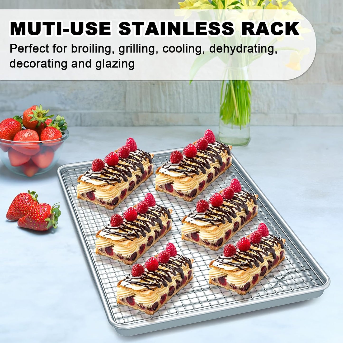 24 Inch Baking Sheet Pans with Rack Set, Natural Aluminum Cookie Sheet, Extra Large Commercial Quality Baking Sheet Pan Set, Warp Resistant Nonstick Thick Cookie Tray Pans for Baking, Roasting