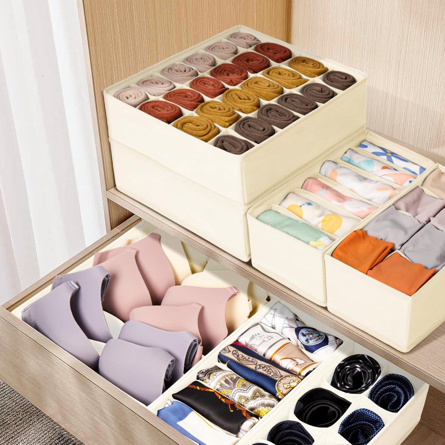Drawer Organizer Clothes, 16 Pack Dresser Organizer Bins for Baby Clothes, Underwear Sock, Fabric Closet Organization and Storage Dividers for Nursery Bedroom (96 Compartments, Beige)