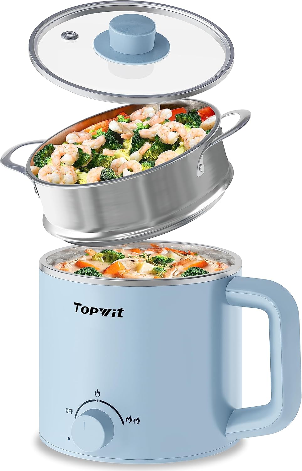 Topwit Hot Pot Electric with Steamer, 1.6L Ramen Cooker, Electric Pot for Pasta, Shabu-Shabu, Oatmeal, Soup and Egg, Portable Cooker with Dual Power Control, Dorm Room Essentials, Blue