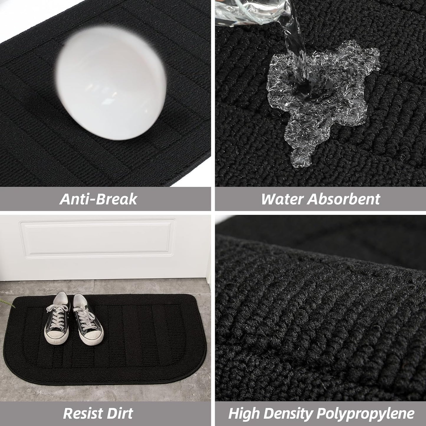 BEQHAUSE 30x18 Inch Kitchen Rug Mat Durable Kitchen Rugs Non-Slip Washable Absorbent Kitchen Mats for Floor Dirt-Resistant Semicircular Kitchen Mat (Black, 2PCS)