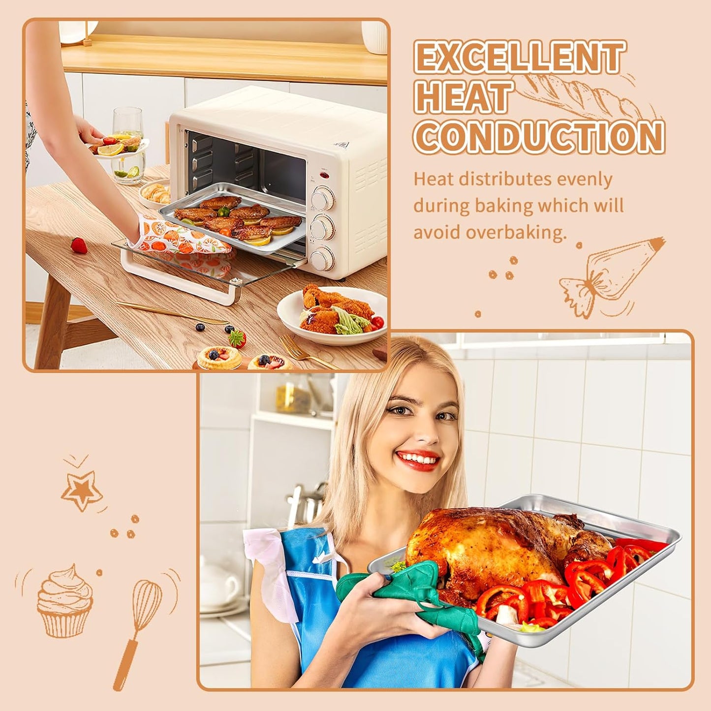 Stainless Steel Baking Sheet Set of 2, Deedro Cookie Sheet Metal Baking Pan Oven Tray, Non Toxic & Heavy Duty, Rust Free & Mirror Finish, Easy Clean & Dishwasher Safe, 12 x 10 x 1 Inch