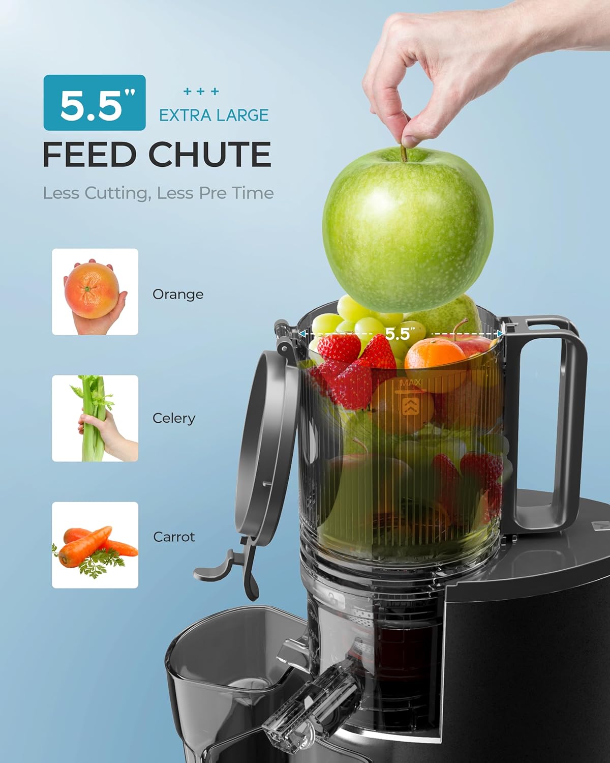 Cold Press Juicer, EUHOMY 5.5" Extra Large Feed Chute Slow Masticating Juicer, 250W Juicer Machines, 99.6% High Juice Yield, Easy to clean, Reverse Function, for Whole Vegetables & Fruits. Black