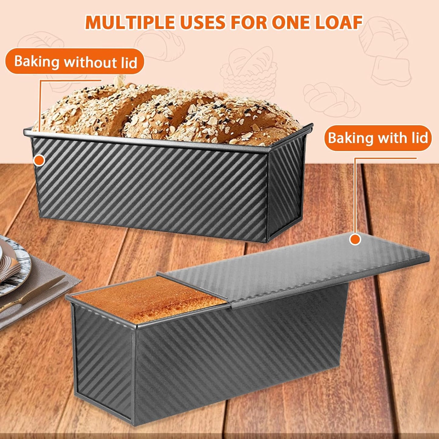 Non-Stick Pullman Loaf Pan with Lid 13x4 Inch - 2.2lb Carbon Steel Bread Baking Pan with 4 Vent Holes, Heavy Duty Sourdough Loaf Pan with Cover for Homemade Sandwich Bread (Black)