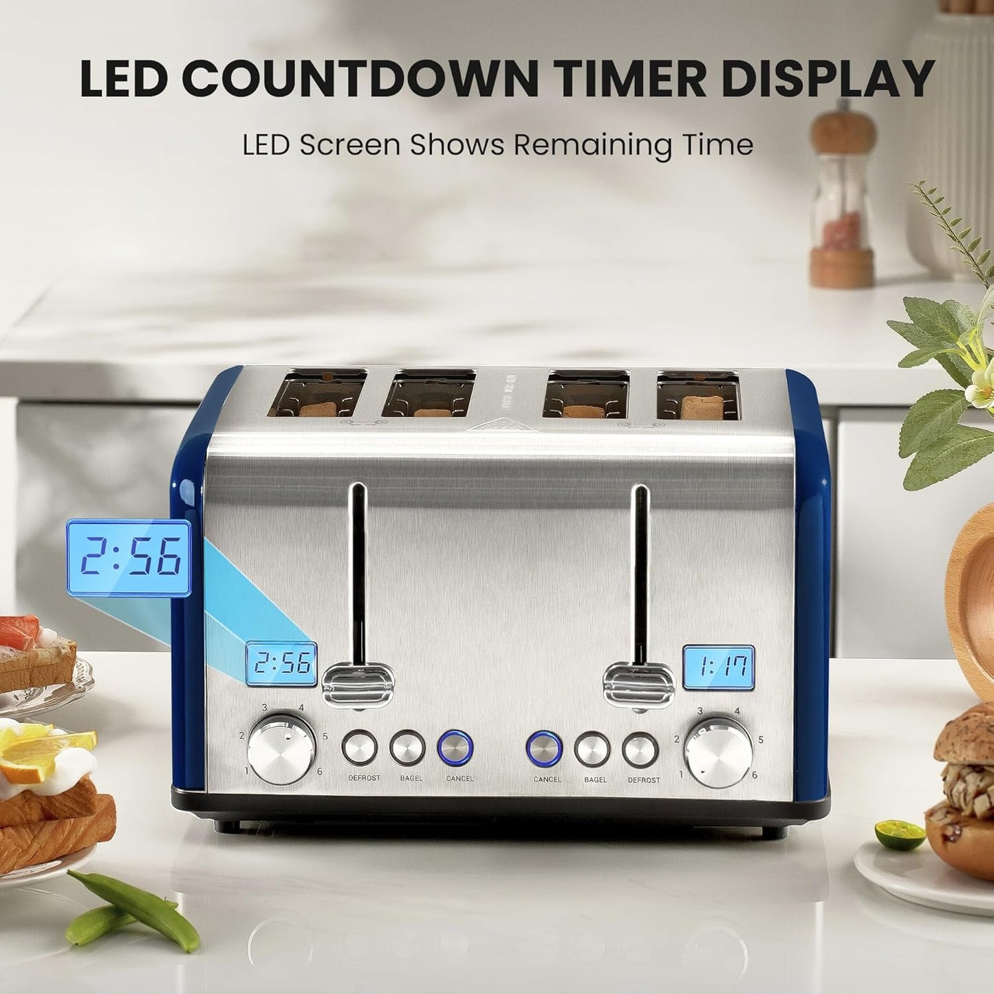 Countdown Stainless Steel 4 Slice Toaster with Bagel, Defrost, Cancel Function, Dual Toaster, Extra Wide Slots, 6 Shade Settings, Removable Crumb Trays, 1650W, Blue
