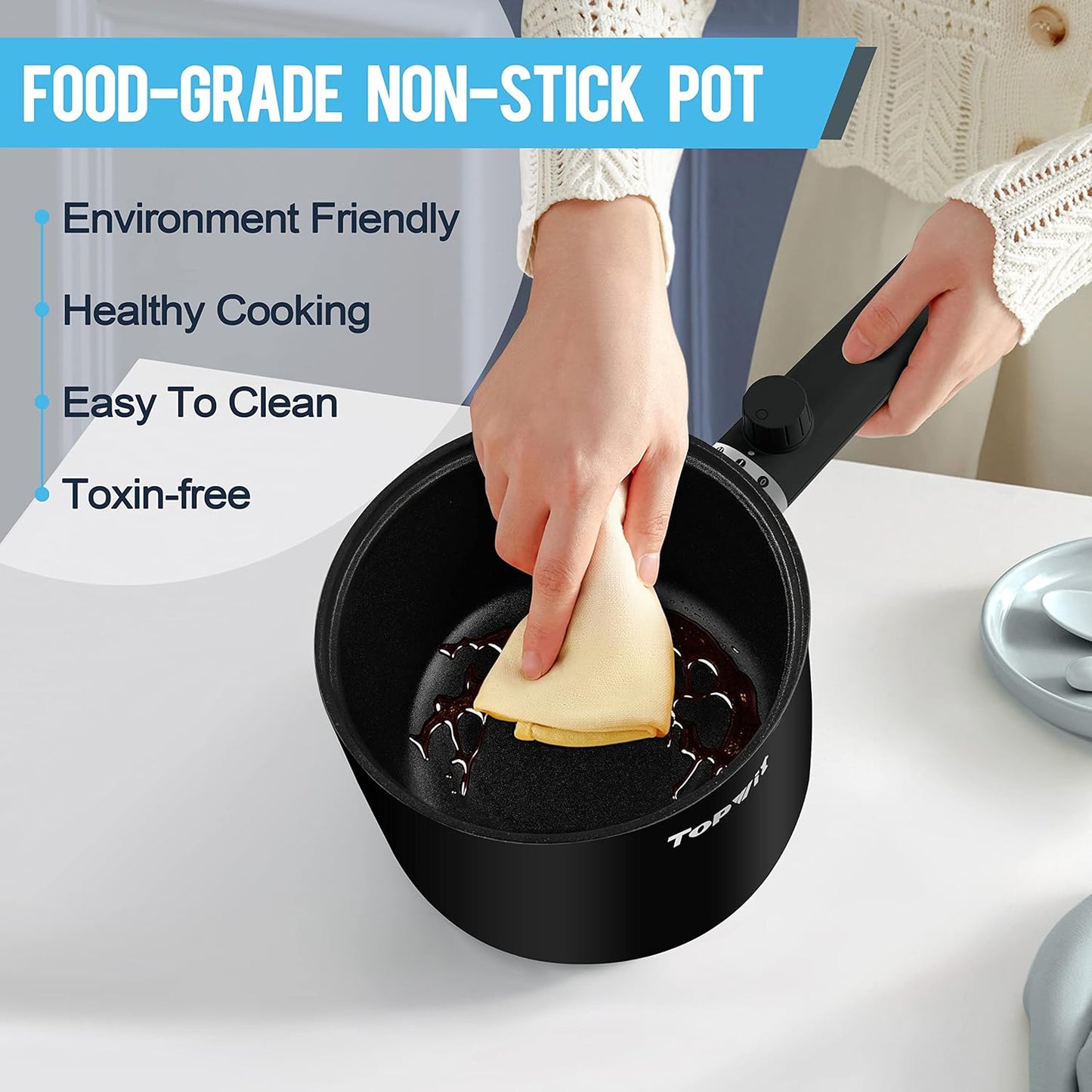 Topwit Hot Pot Electric, 1.5L Ramen Cooker, Portable Non-Stick Frying Pan, Electric Pot for Pasta, Steak, BPA Free, Electric Cooker with Dual Power Control, Over-Heating & Boil Dry Protection, Black