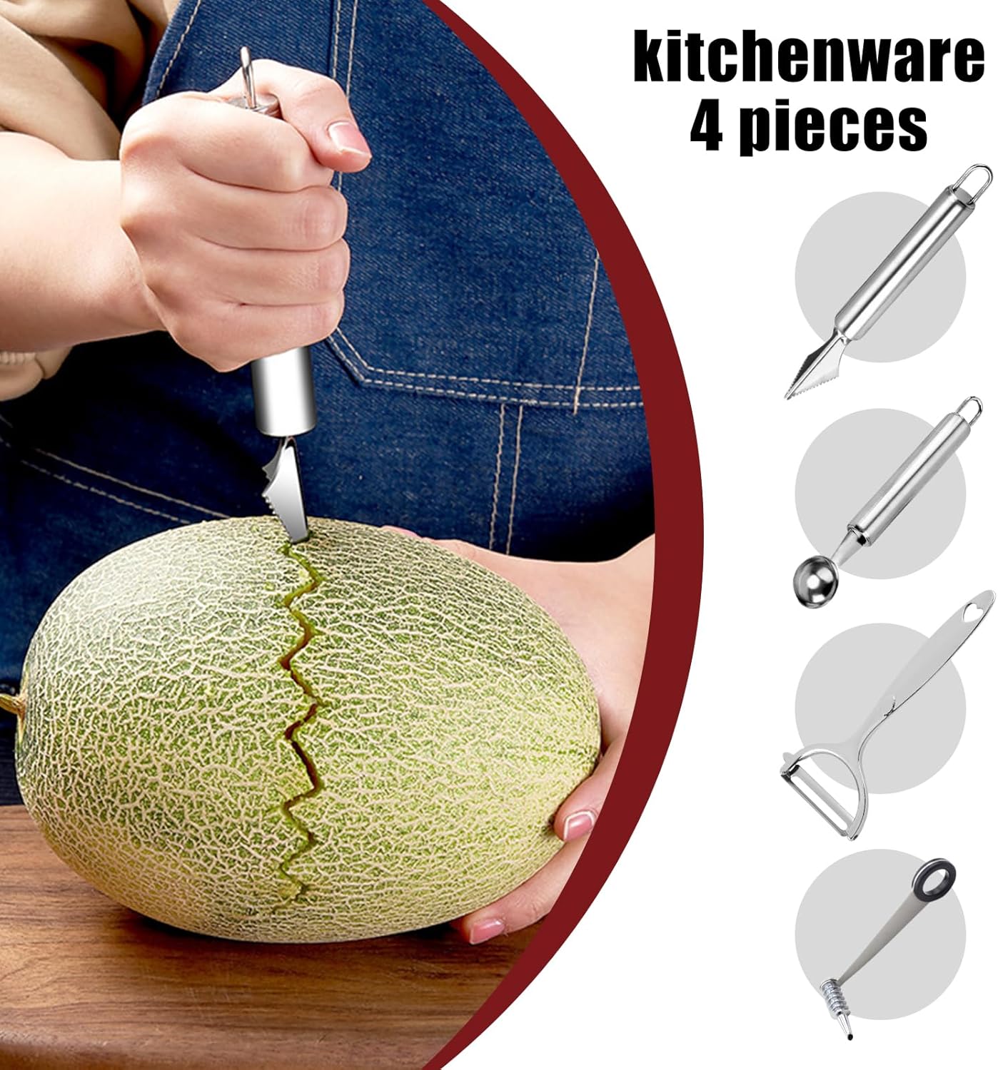 4-Piece Kitchen Spiral And V-Shaped Tools, vegetable peeler,crinkle cutter knife, Multifunctional Kitchen Set, Stainless Steel Manual Kitchen Tools for Creative Food Decoration（silvery）